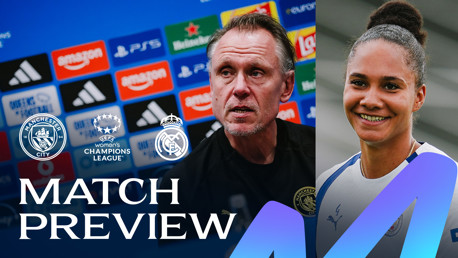 A match preview graphic for Manchester City Women's UEFA Champions League game against Real Madrid, featuring the Manchester City logo, Real Madrid logo, and two people at a press event.