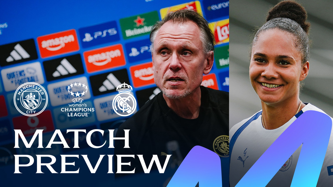 A match preview graphic for Manchester City Women's UEFA Champions League game against Real Madrid, featuring the Manchester City logo, Real Madrid logo, and two people at a press event.