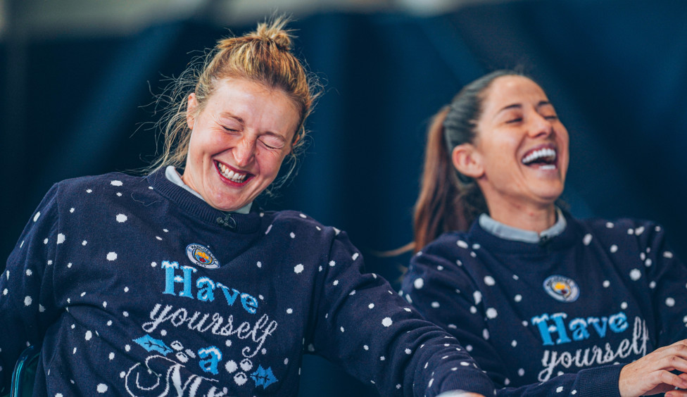 JOLLY CHRISTMAS : Ellen White and Vicky Losada can't contain their excitement!