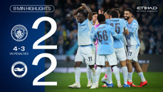 Manchester City and Brighton & Hove Albion ended in a 2-2 draw, with Manchester City winning 4-3 on penalties. Players celebrate on the pitch.