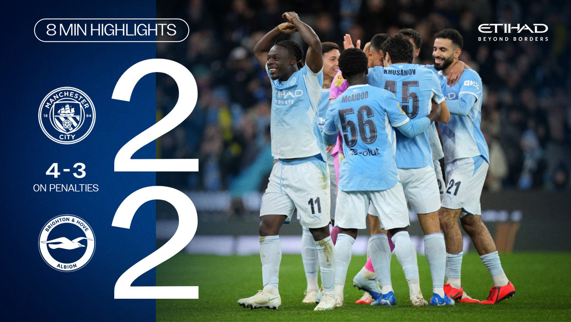 Manchester City and Brighton & Hove Albion ended in a 2-2 draw, with Manchester City winning 4-3 on penalties. Players celebrate on the pitch.