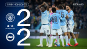 Manchester City and Brighton & Hove Albion ended in a 2-2 draw, with Manchester City winning 4-3 on penalties. Players celebrate on the pitch.
