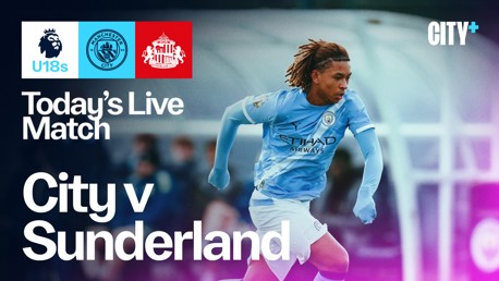 Premier League U18 match between Manchester City and Sunderland, featuring live coverage today. A Manchester City player is in action wearing the team's kit.