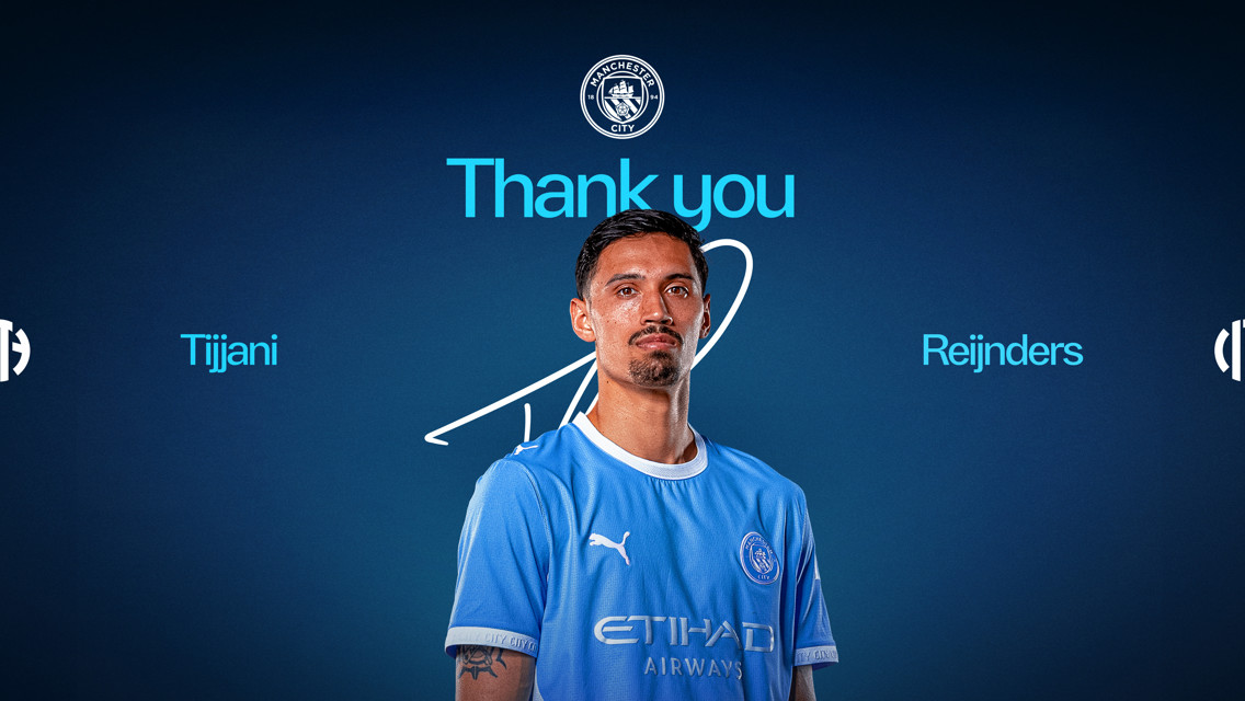 A graphic with 'Thank you' text featuring a Manchester City player in blue kit. The names 'Tijjani' and 'Reijnders' are displayed.