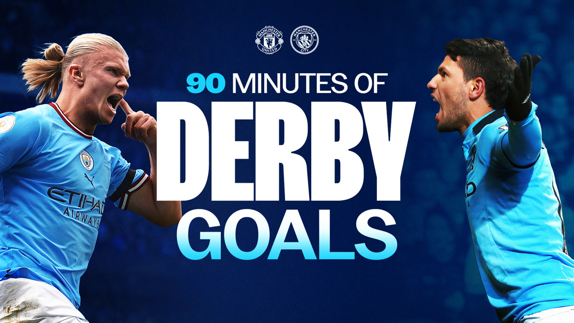 Graphic featuring two football players celebrating, with text reading '90 Minutes of Derby Goals' and logos of Manchester United and Manchester City.
