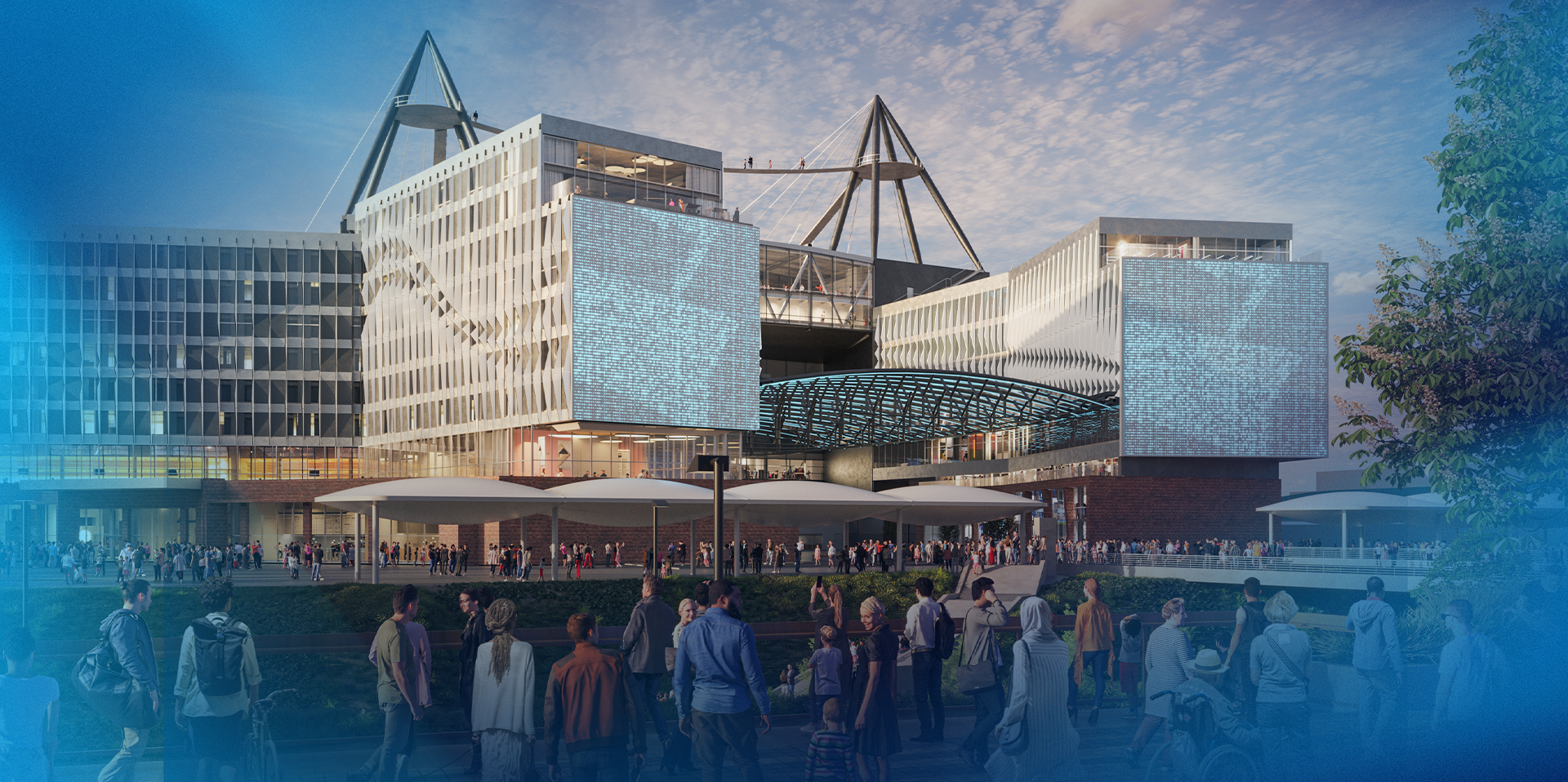A futuristic building with a unique architectural design, including large geometric structures and digital screens. A crowd gathers outside, enjoying the area under canopies and greenery.