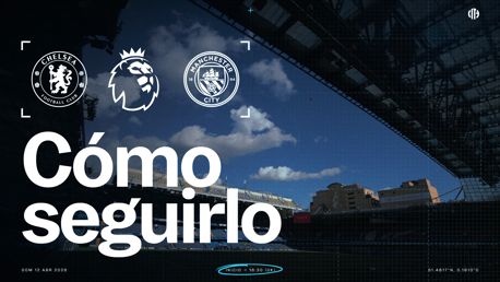 A promotional poster for a Premier League match between Chelsea and Manchester City. The event is scheduled for Sunday, April 12, 2026, at 16:30 UK time.