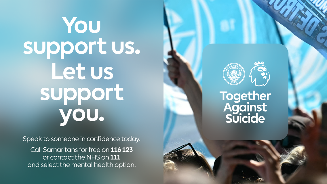 Mental health support message featuring Manchester City and Premier League logos, encouraging speaking to Samaritans for help.
