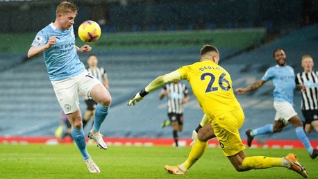 DE-NIED: Kevin's close-range effort is thwarted by Darlow as the interval approaches.