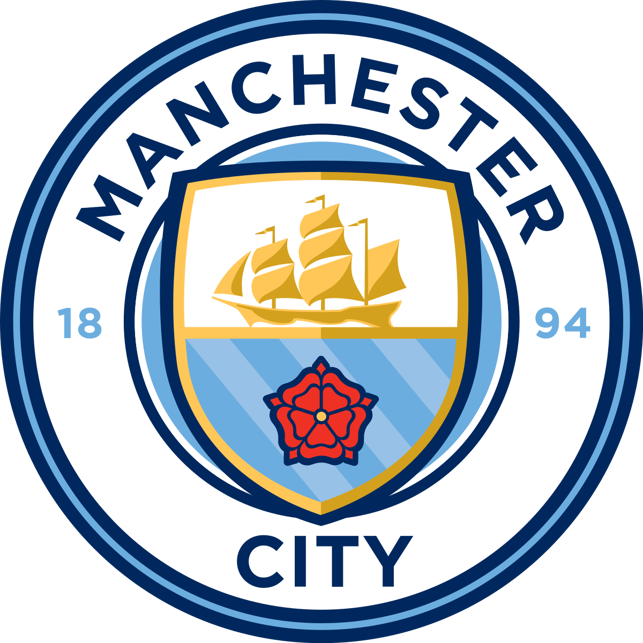The image is a logo of Manchester City Football Club, showing a ship and a red rose within a circular design featuring the text 'Manchester City' and the year '1894'.
