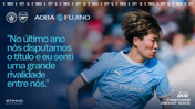 Graphic featuring a soccer player in a Manchester City kit with a quote in Portuguese about rivalry and title competition. Team logos of Manchester City and Arsenal are visible, alongside match details for October 4.