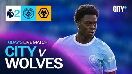 A promotional image for a live match between Manchester City and Wolves, featuring a Manchester City player and logos for the Premier League, Manchester City, and Wolves.