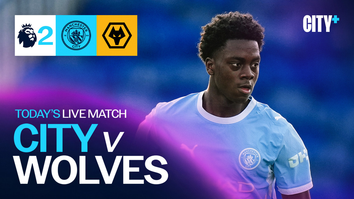 A promotional image for a live match between Manchester City and Wolves, featuring a Manchester City player and logos for the Premier League, Manchester City, and Wolves.