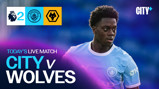 A promotional image for a live match between Manchester City and Wolves, featuring a Manchester City player and logos for the Premier League, Manchester City, and Wolves.