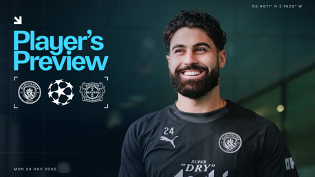 The image features a Manchester City player preview for a match against Bayer Leverkusen on Monday, 24 Nov 2025. It includes the Manchester City logo, a UEFA Champions League logo, and a Bayer Leverkusen logo.