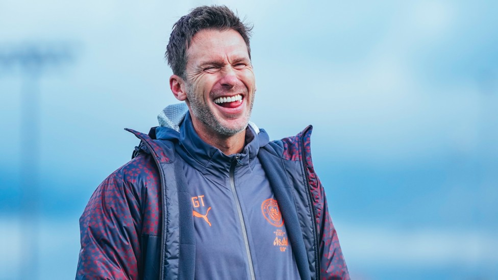 THE BOSS : Gareth Taylor in high spirits during training. 