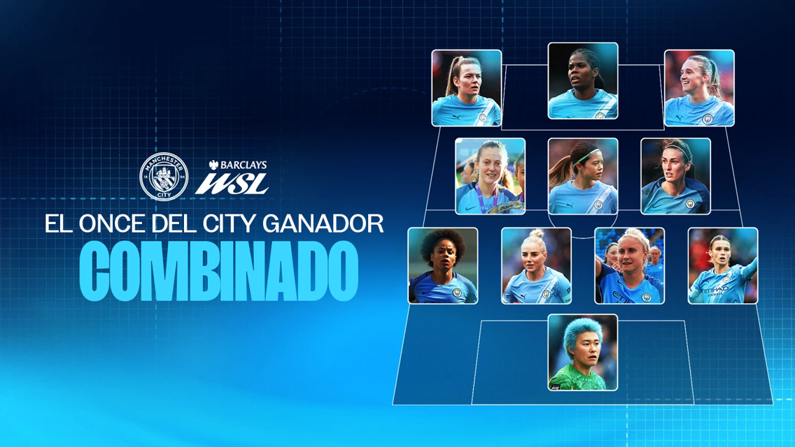 Graphic featuring a combined XI of Manchester City players with the text 'El Once Del City Ganador Combinado' alongside the Manchester City and Barclays WSL logos.