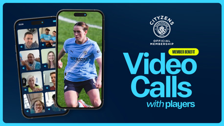 Promotional image for Manchester City's Cityzens membership offering video calls with players. Includes phones displaying blurred video call participants and a player in a Manchester City kit.