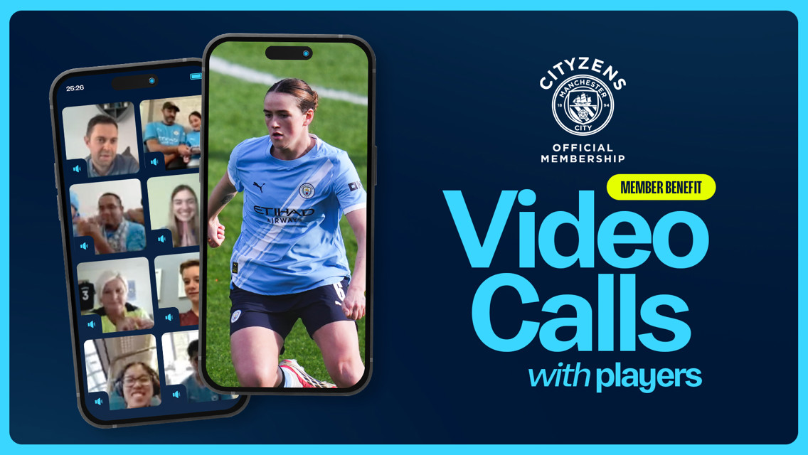 Promotional image for Manchester City's Cityzens membership offering video calls with players. Includes phones displaying blurred video call participants and a player in a Manchester City kit.
