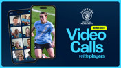 Promotional image for Manchester City's Cityzens membership offering video calls with players. Includes phones displaying blurred video call participants and a player in a Manchester City kit.