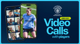 Promotional image for Manchester City's Cityzens membership offering video calls with players. Includes phones displaying blurred video call participants and a player in a Manchester City kit.