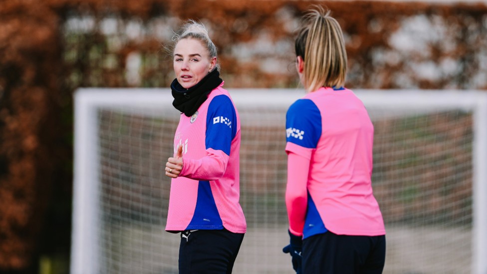 THUMBS UP: Positive vibes from skipper Alex Greenwood to Lauren Hemp.