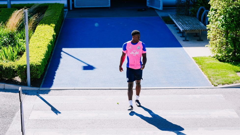 REPORTING FOR DUTY : March Guéhi makes his way out to training. 