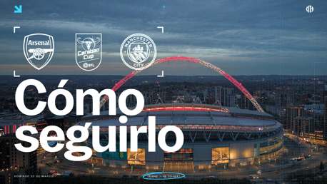 Promotional image for the Carabao Cup match between Arsenal and Manchester City at Wembley Stadium, with date and time info.