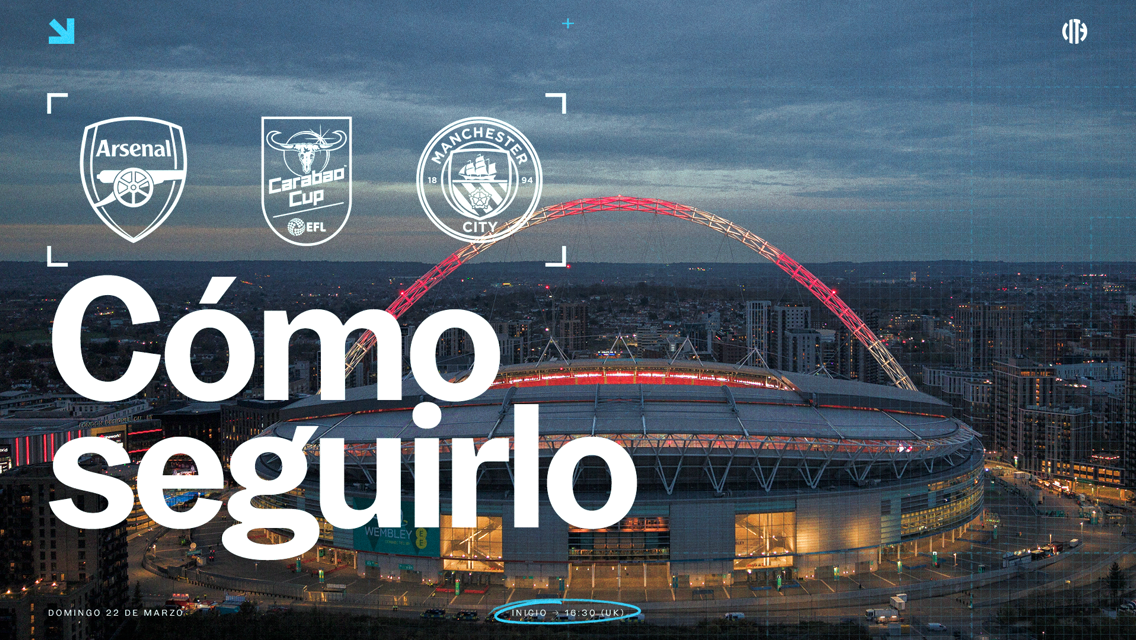 Promotional image for the Carabao Cup match between Arsenal and Manchester City at Wembley Stadium, with date and time info.