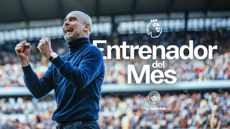 Celebratory image featuring 'Entrenador del Mes' text, Manchester City and Premier League logos, with the manager's face obscured.