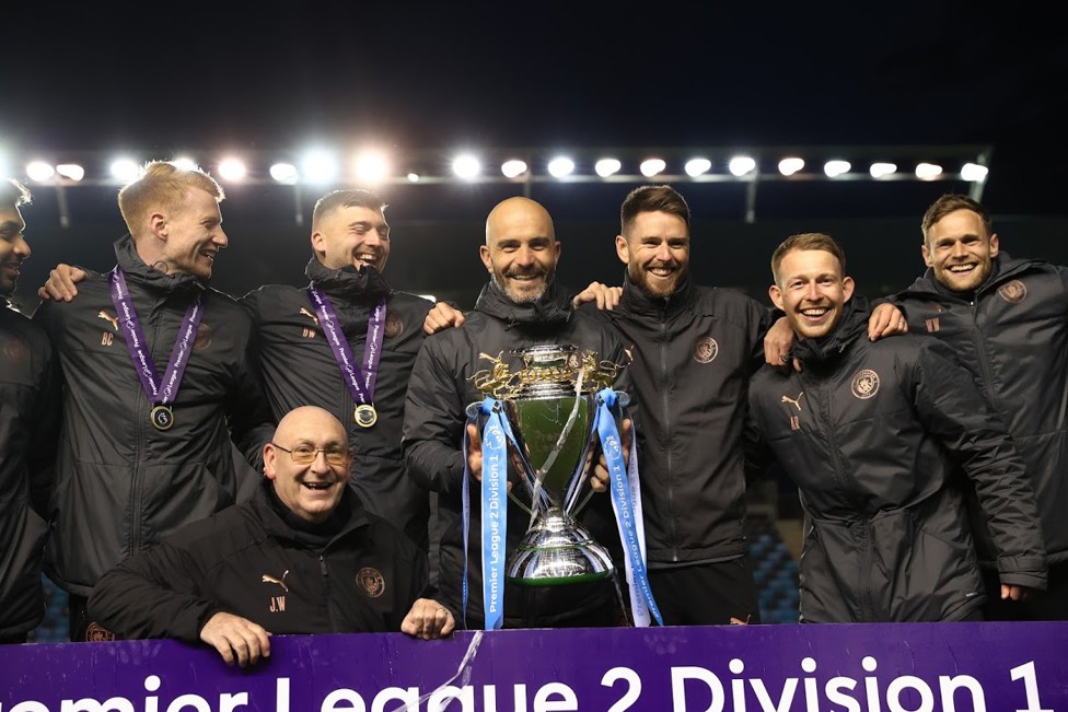 IN CHARGE : The coaching staff led by Enzo Maresca enjoy the celebrations.