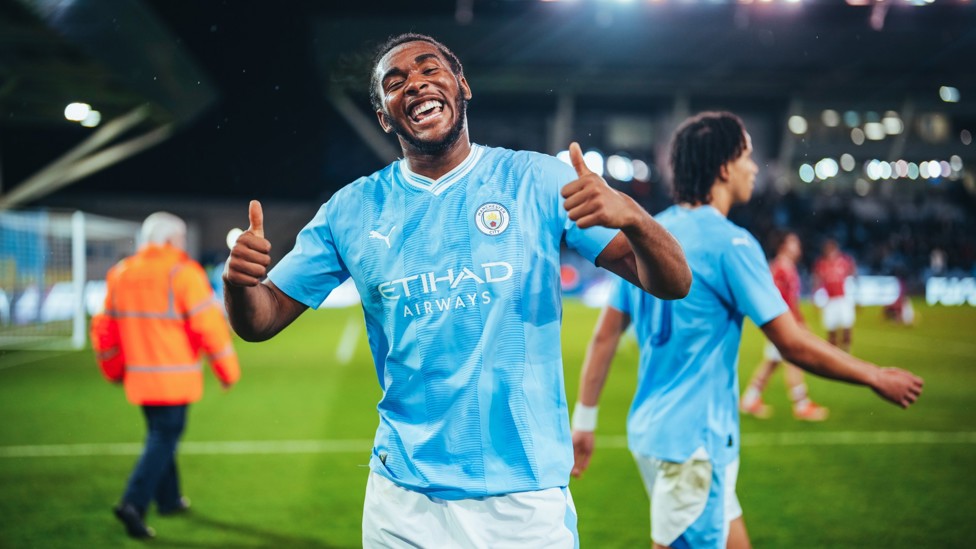 DELIGHT FOR DADA-MASCOLL : Isaiah Dada-Mascoll celebrates after helping City through to the FA Youth Cup final after a 1-0 win over Bristol City