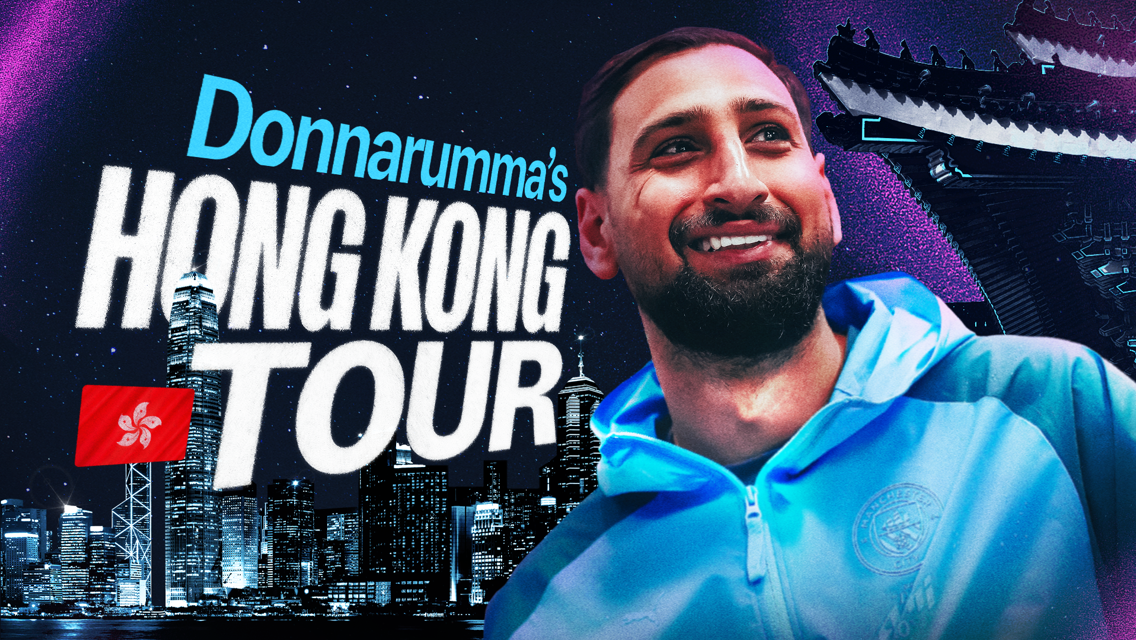 A promotional image for Donnarumma's Hong Kong tour. The text reads 'Donnarumma's Hong Kong Tour' with a Hong Kong skyline backdrop and a person wearing a blue jacket.