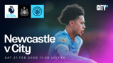 Promo for Newcastle vs Manchester City U18s match on 21 Feb 2026 at 11:00 UK time, featuring City+ streaming service.