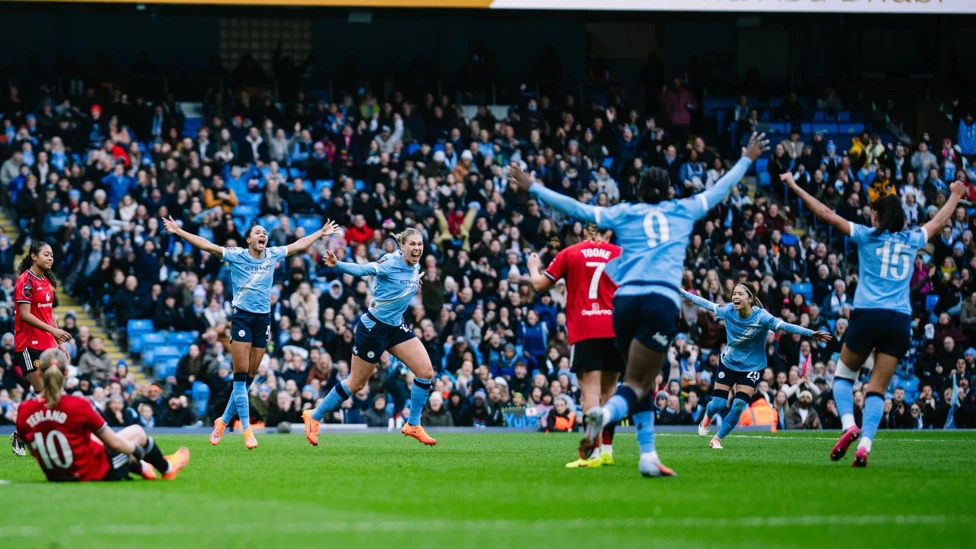 CITY 3-0 MANCHESTER UNITED : Derby-day delight for super City. We blow away our cross-city rivals in the first half with goals before the break from Knaak, Shaw and Hemp