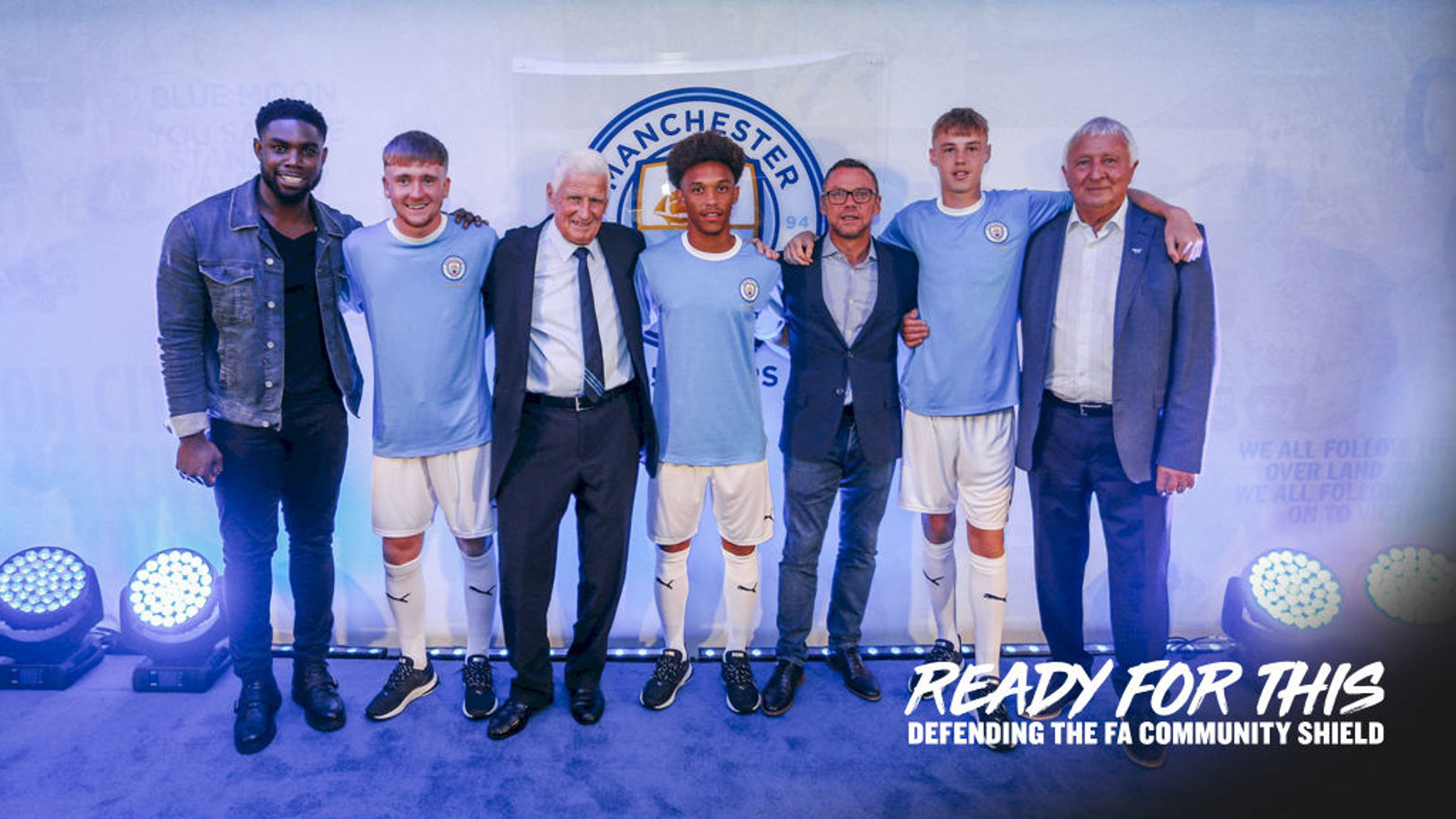 TRUE BLUES: Micah Richards, Tommy Doyle, Tony Book, D'Margio Wright-Phillips, Paul Dickov, Cole Palmer and Mike Summerbee at Wednesday's 125 kit unveiling