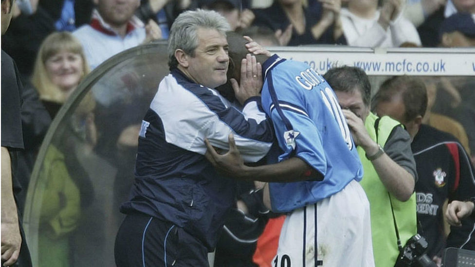 WELL DONE: Manager Kevin Keegan greets Shaun Goater after the striker's final City appearance