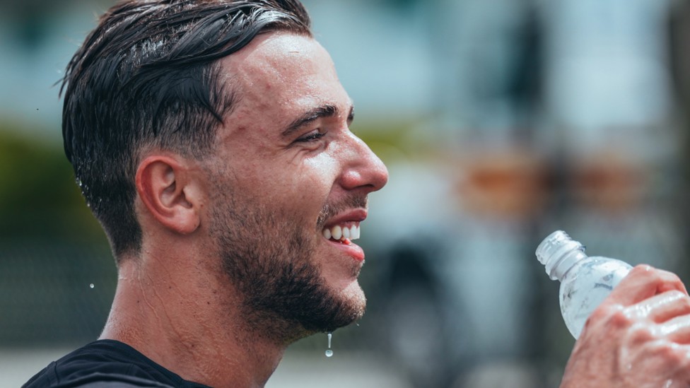 THIRSTY WORK: Nico takes a quick cooling break.