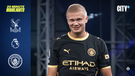 A football player in a Manchester City kit is featured on the right. On the left, logos for Crystal Palace, Premier League, Manchester City, and text highlighting '20 Minute Highlights' are displayed.