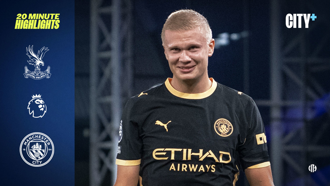 A football player in a Manchester City kit is featured on the right. On the left, logos for Crystal Palace, Premier League, Manchester City, and text highlighting '20 Minute Highlights' are displayed.
