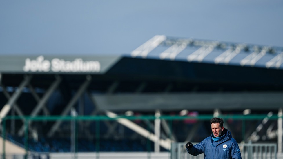 VIEW FROM THE BOSS : Gareth Taylor watches on in front of the Joie Stadium