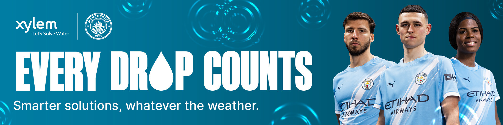 Manchester City players wearing the light blue 2023/24 home kit with the text 'Every Drop Counts'. Xylem branding is visible, promoting smarter water solutions.