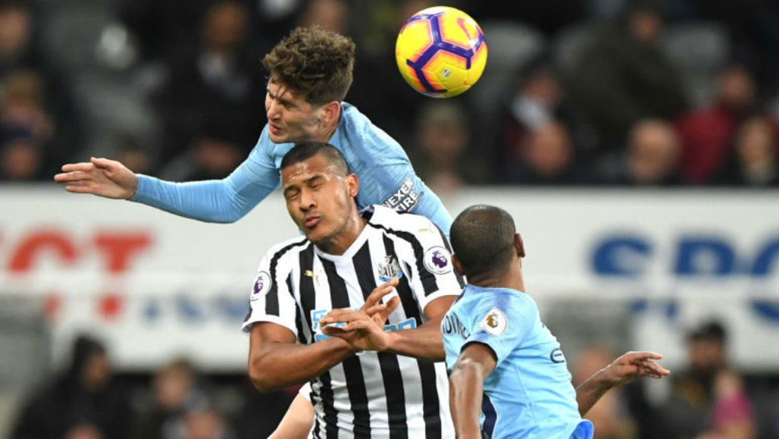 RISING HIGHEST: John Stones beats Salomon Rondon to an aerial ball
