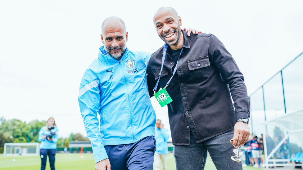G & T : Pep Guardiola takes some time to chat to special guest Thierry Henry.