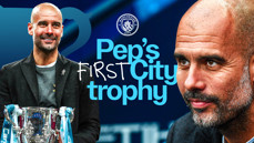 Graphic showing a blurred individual holding a trophy with text 'Pep's First City Trophy' and the Manchester City logo.