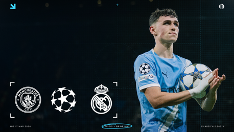 Promotional graphic for a match between Manchester City and Real Madrid on 17 March 2026, showing a blurred player holding a Champions League ball and logos of the teams.