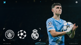 Promotional graphic for a match between Manchester City and Real Madrid on 17 March 2026, showing a blurred player holding a Champions League ball and logos of the teams.