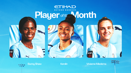Image showing nominees for Etihad Player of the Month: Bunny Shaw, Kerolin, Vivianne Miedema, wearing Manchester City uniforms.