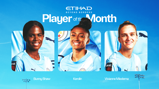 Image showing nominees for Etihad Player of the Month: Bunny Shaw, Kerolin, Vivianne Miedema, wearing Manchester City uniforms.