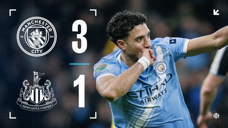 The image displays a score of Manchester City 3, Newcastle United 1. It features the Manchester City logo and the Newcastle United crest, alongside a Manchester City player celebrating.